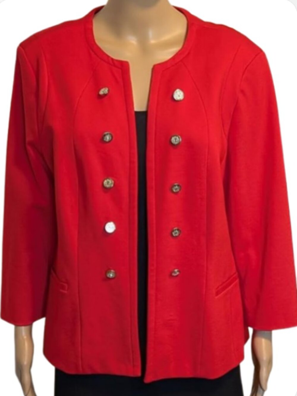 Cleo Red Open Front Jacket XL Silver Button Military Style Blazer NWT